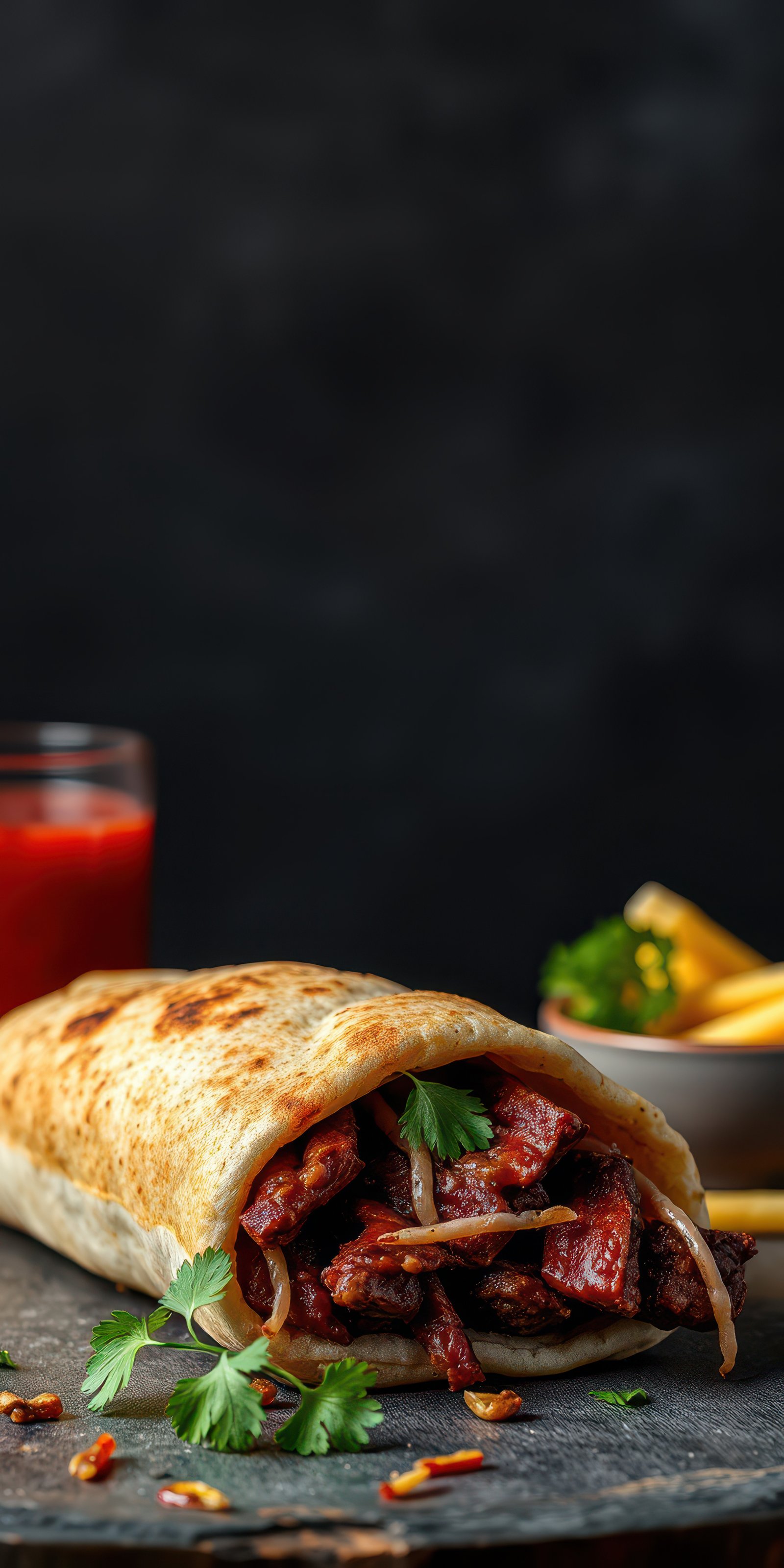 Delicious wrap filled with savory meat and fresh vegetables served with fries and refreshing drink